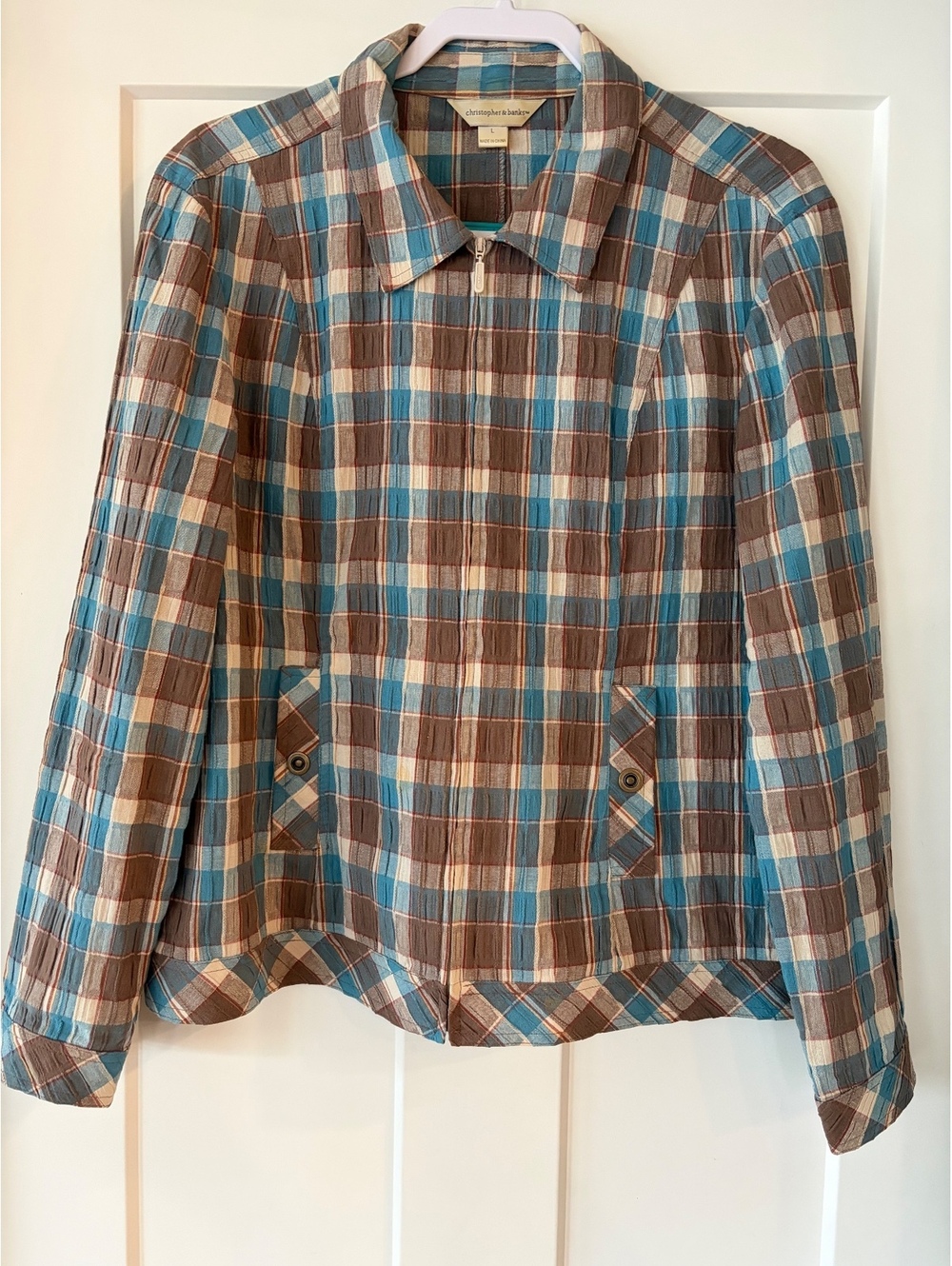 Christopher & Banks Plaid Crinkle Zip Jacket — Size L
